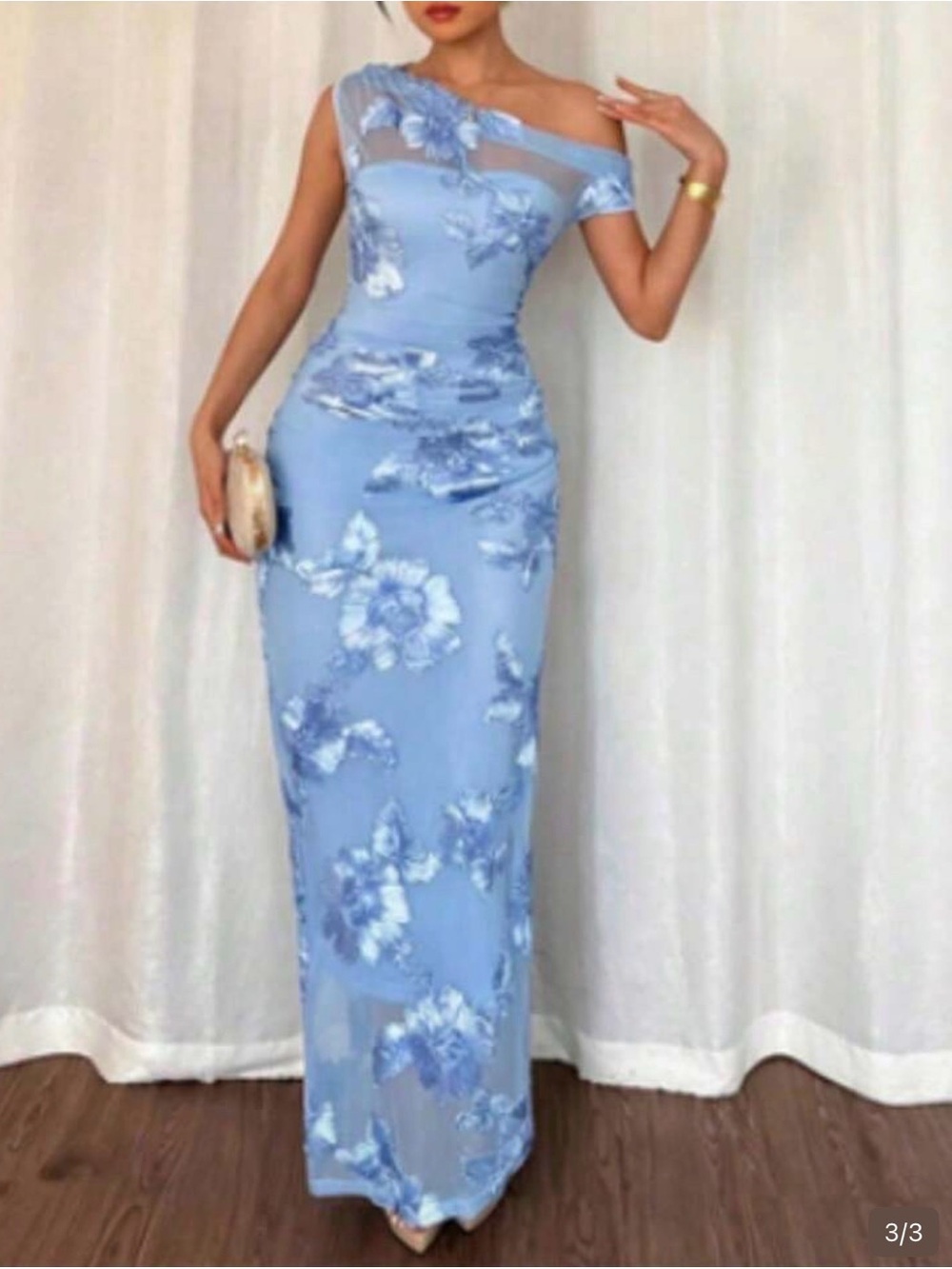 Elegant One-Shoulder Blue Floral Evening Gown